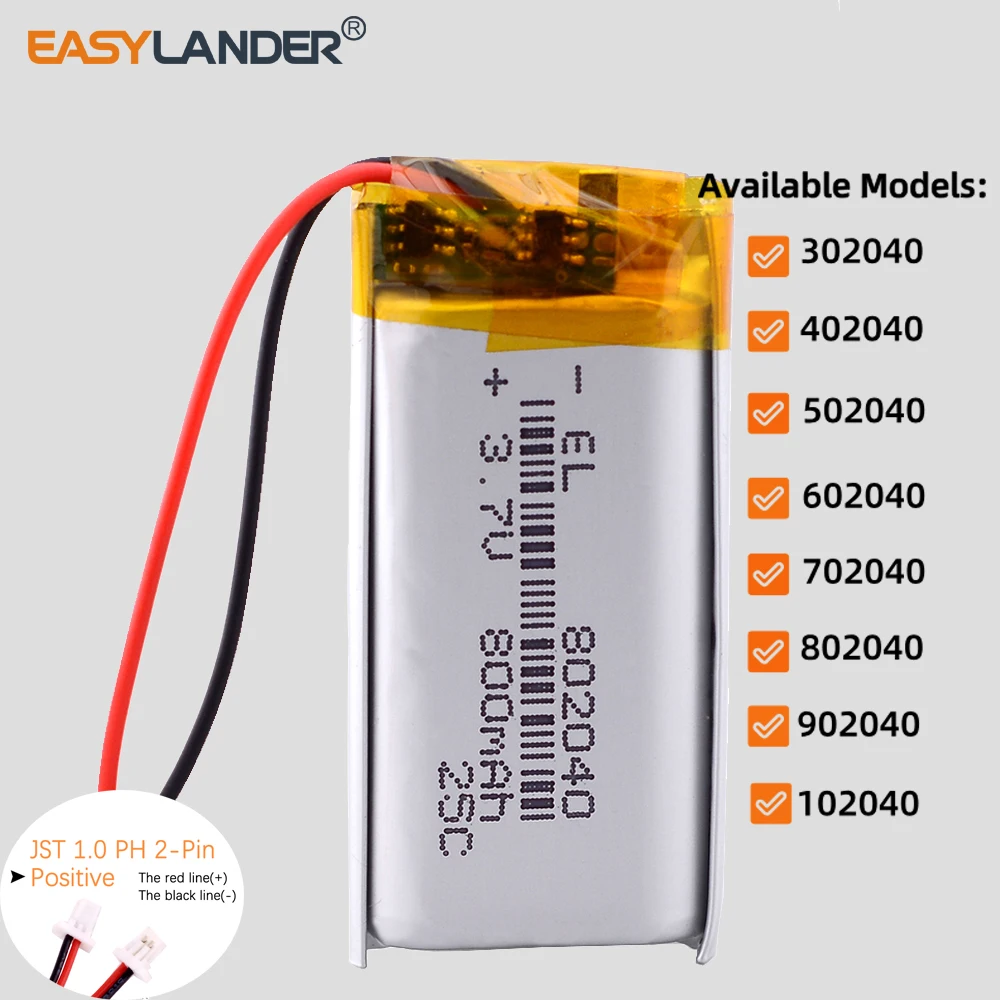 JST1.0mm 2Pin 3.7V 802040 700mAh Lithium Lipo Li-ion Polymer Battery 302040 402040 502040 602040 702040 902040 102040