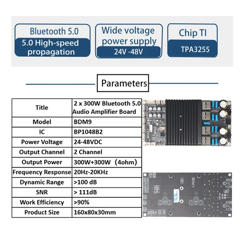 PHILE-BDM9 TPA3255 2X300W Bluetooth Power Amplifier Board BT5.0 Stereo High Power Adjustable Tweeter