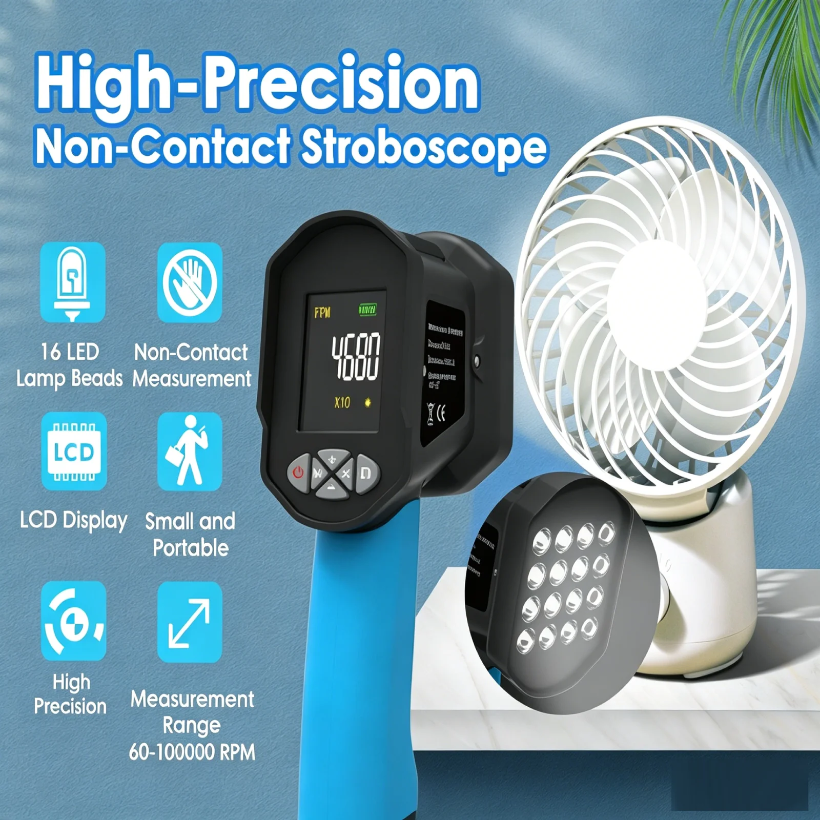 Estroboscópio Digital HP-8000B 60-100.000 FPM 1500 Lux Recarregável 2000mAh com LED, Tacômetro para Testador de Motores CNC e Impressão Têxtil