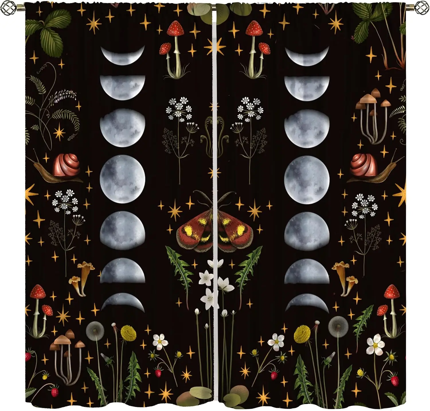 Witchy Moon Phase Curtain Botanical Wildflower Moth Mushroom Star Night Print Light Blocking Drape For Villa Dorm Resort Bedroom