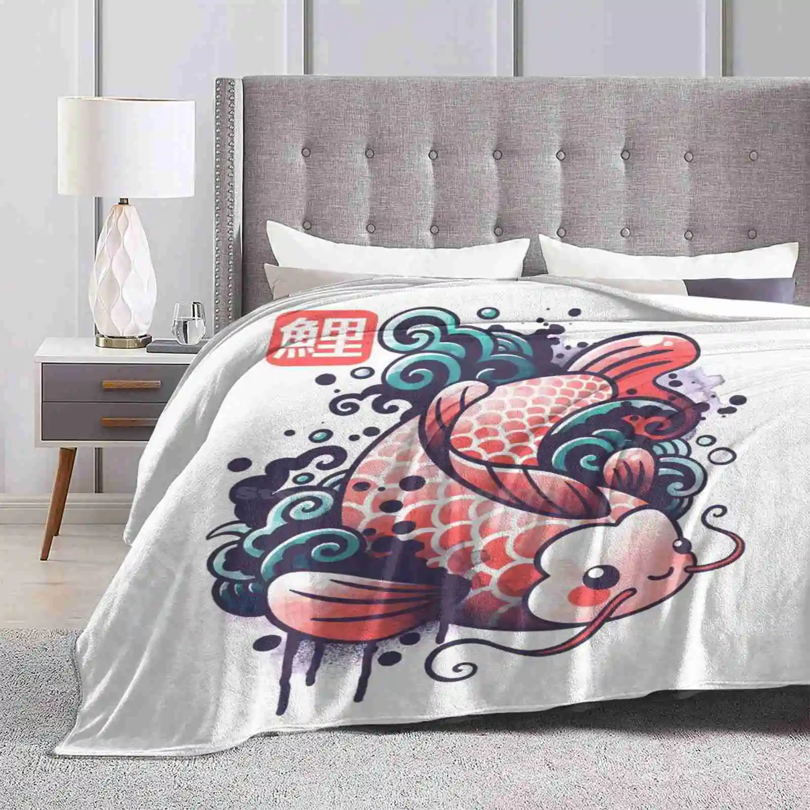 Koi Carp Fish Watercolor Soft Warm Light Thin Blanket Koi Carp Ink Tattoo Japanese Kanji Kawaii Cute Watercolor Fishing Sea