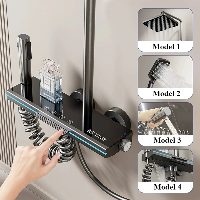 Chave de piano com 4 funções, saída de água, sistema de chuveiro, montagem na parede, display digital inteligente, conjunto de torneira de chuveiro