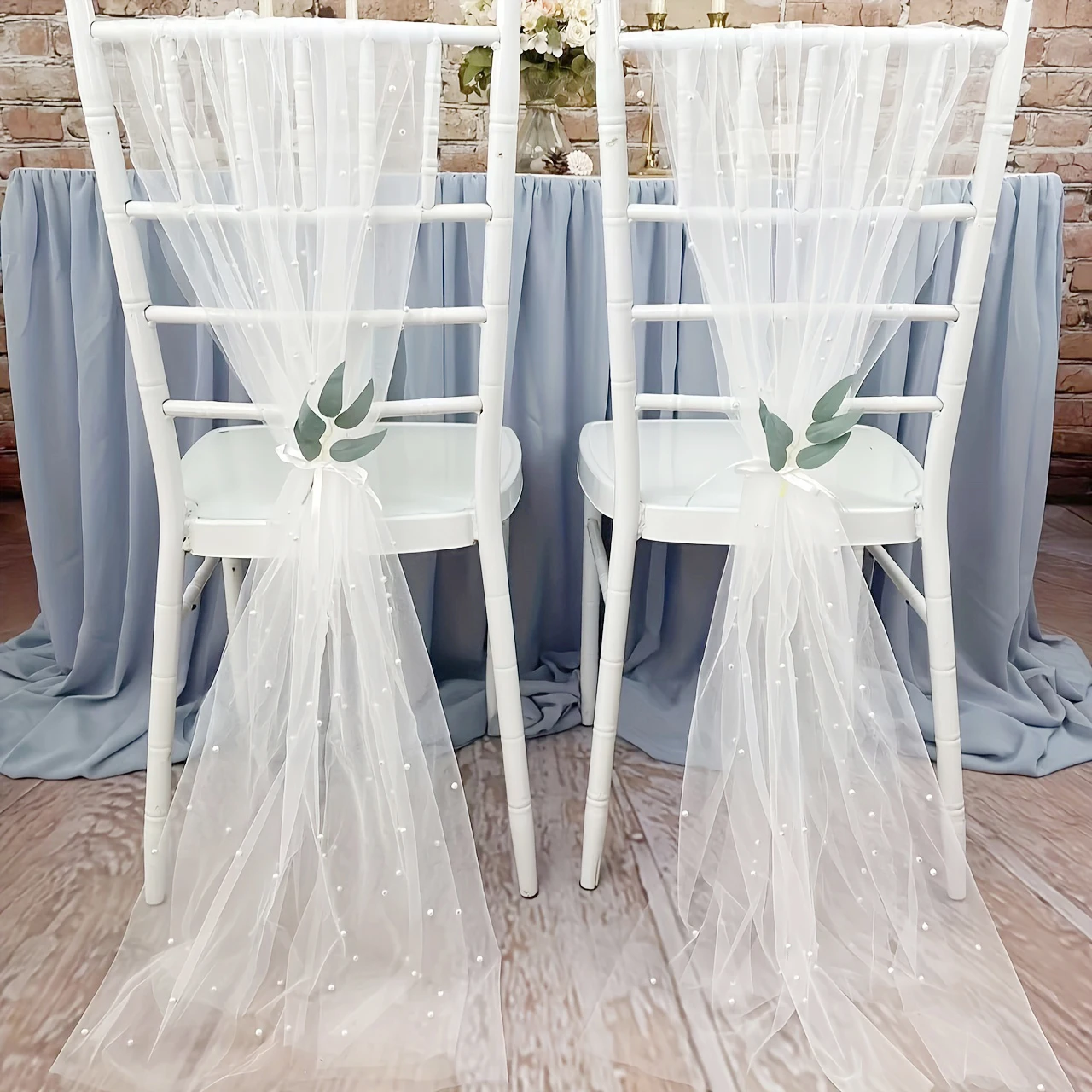 2pcs Pearl Tulle White Chair Sashes 75x200cm Long Aisle Wedding Chair Back Side Decorations Sheer Church Tulle Chair Drapes Bulk