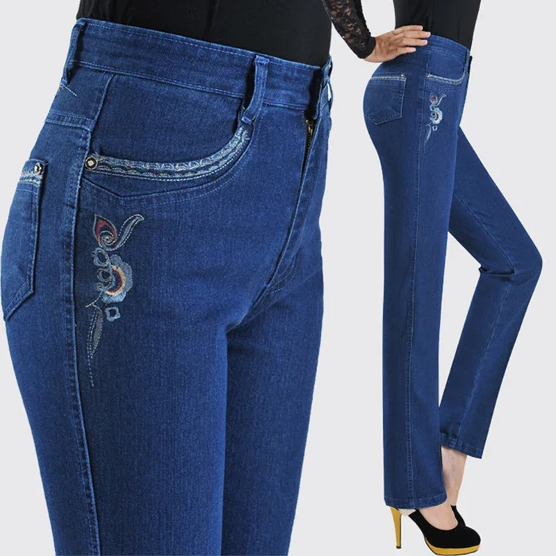 

New Fashion Casual Jeans Middle-Aged Women High Waist Trousers Straight Pants Female Embroidery Elasticity Denim Pants