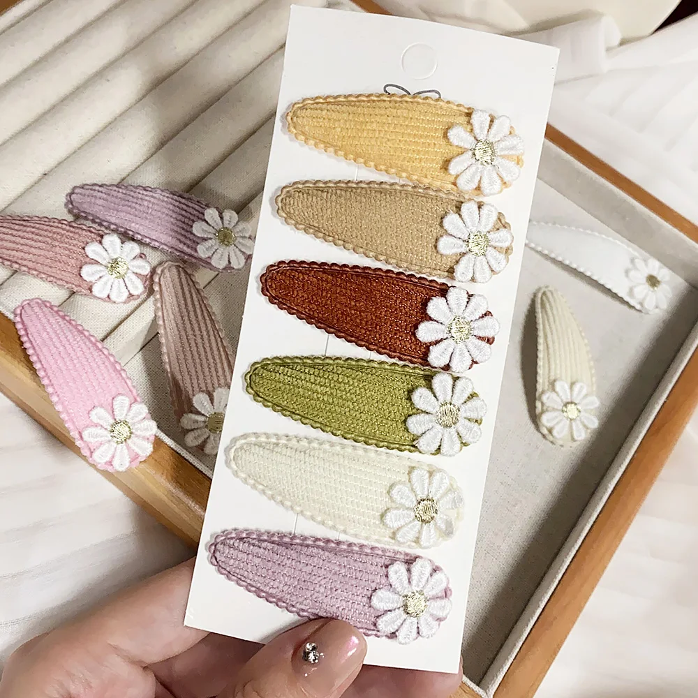 6Pcs Lovely Hair Clip Flower Embroidery BB Hairpins Sweet Handmade Printing Barrettes Bangs Clip Headwear Baby Hair Accessories