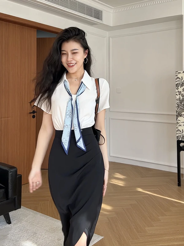 

Юбка А-силуэта с высокой талией и шелковым шарфом в гонконгском стиле, с подкладкой, короткий рукав, повседневная, коллекция Zhang a Xing, весна, женская