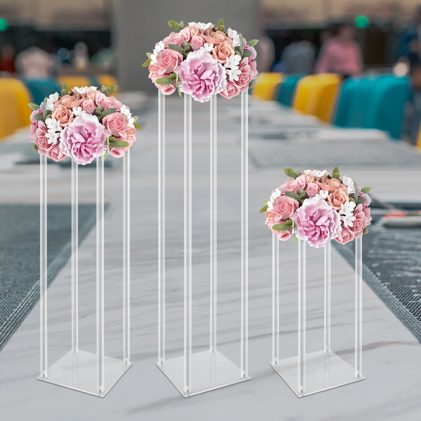 

3 Pcs Acrylic Rectangle Vase Wedding Centrepieces Clear Column Flower Geometric Display Stand 40*60*80 CM