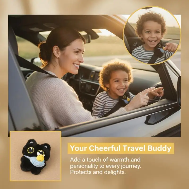 Cute Black Cat Plush Car Seat Belt Cover Anti-Slip Soft Comfort Fabric Suitable for All Car Models Daily Driving Decor