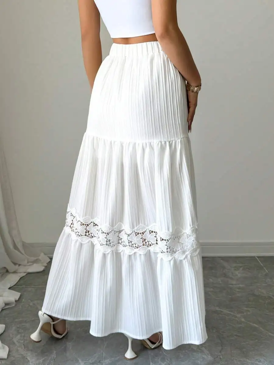 

Womens Casual A-Line Maxi Skirt With Lace Hem Drawstring Waist White