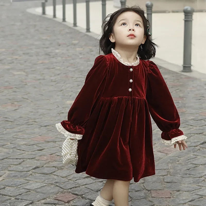 Children Wear 2023 Autumn and Winter New Girl Velvet Dress Baby Lace Lace and Velvet Long sleeved Children\'s New Year Dress