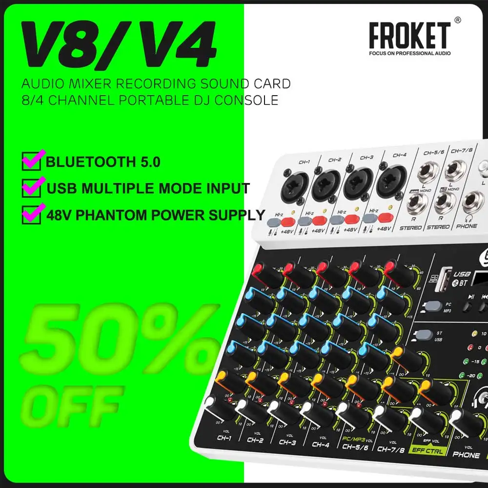 FROKET V8 Audio Mixer DJ Controller Mischen Bluetooth Phantom Power Verzögerung Wiederholung Effekt Für Sound Mischpult PC Aufnahme