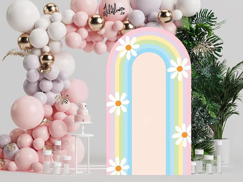 Mehofond Custom 2-Sided Boho Rainbow Groovy Daisy Girls Birthday Party Baby Shower Cover Chiara Arch Background Decor Backdrop