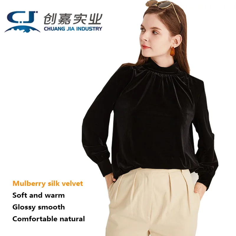 

Женская футболка из натурального шелка и бархата, темпераментная рубашка с воротником-стойкой, высококачественная рубашка из мягкого легкого шелка, элегантная, удобная, приятная для кожи.