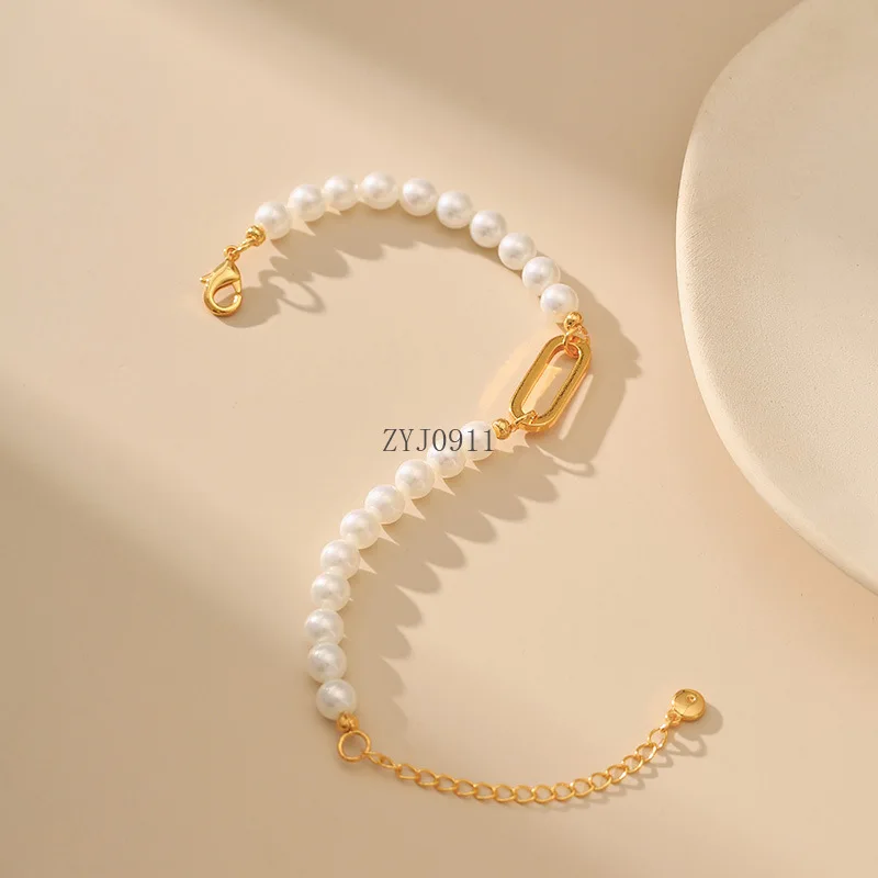 *White Round Pearl Women Bracelet 18k Gold Plated Paper Clip Chain Fashion Wedding Party Jewelry Gift Day Wear Hand Accessories