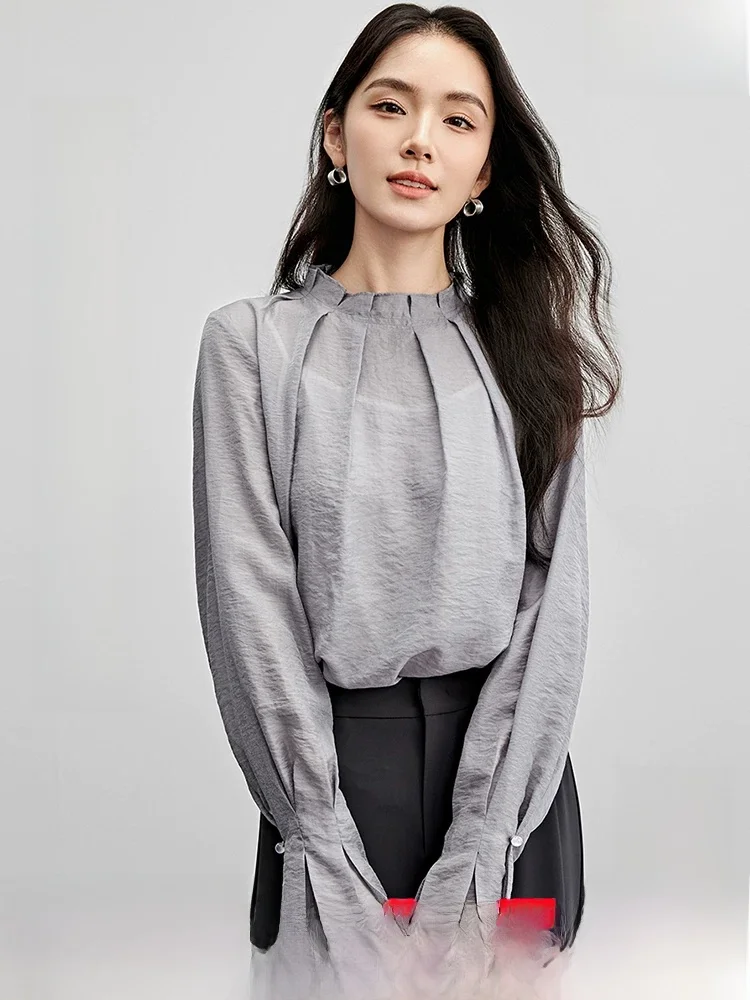 

Elegant Ruffle Collar Petal Sleeve Loose Lightweight Oversized Commute Shirt for Women Spring 2026 Pure Color Long Sleeve
