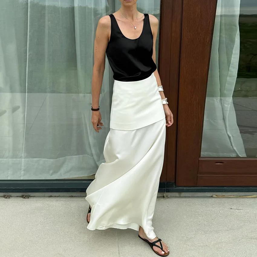 Solid Ankle Summer Casual Length Skirt 2026 Spring Elegant Satin White Long Woman Office Skirts For Folds A Line Skirts