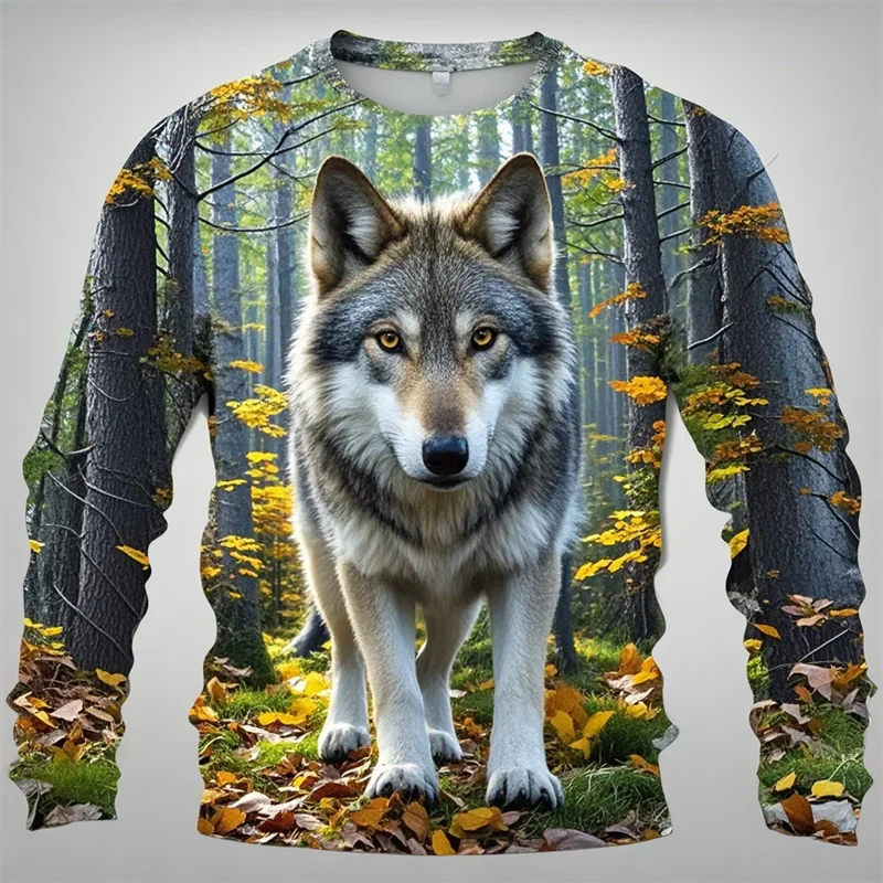 

Fashion wolf pattern T-shirt, Harajuku animal 3D printed long sleeved T-shirt, men's spring and autumn men's and women's casual