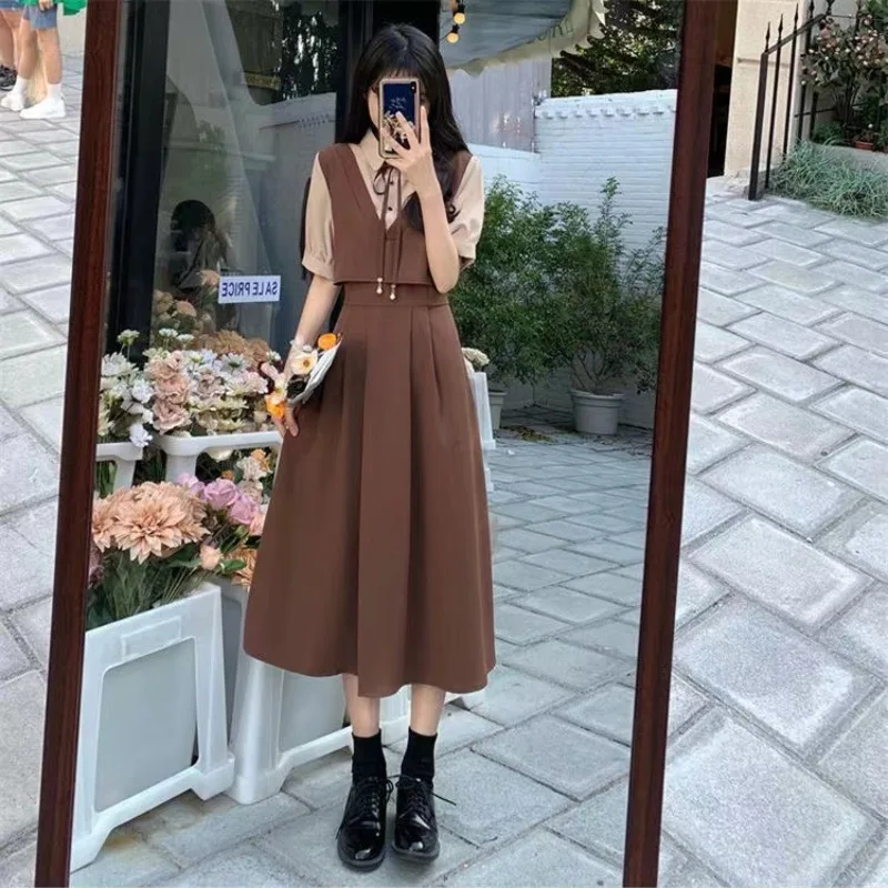 Summer New Dress for Women False 2pcs Polo Collar Short-sleeved Pullover One-piece Dress Quality Mori System Student Dresses