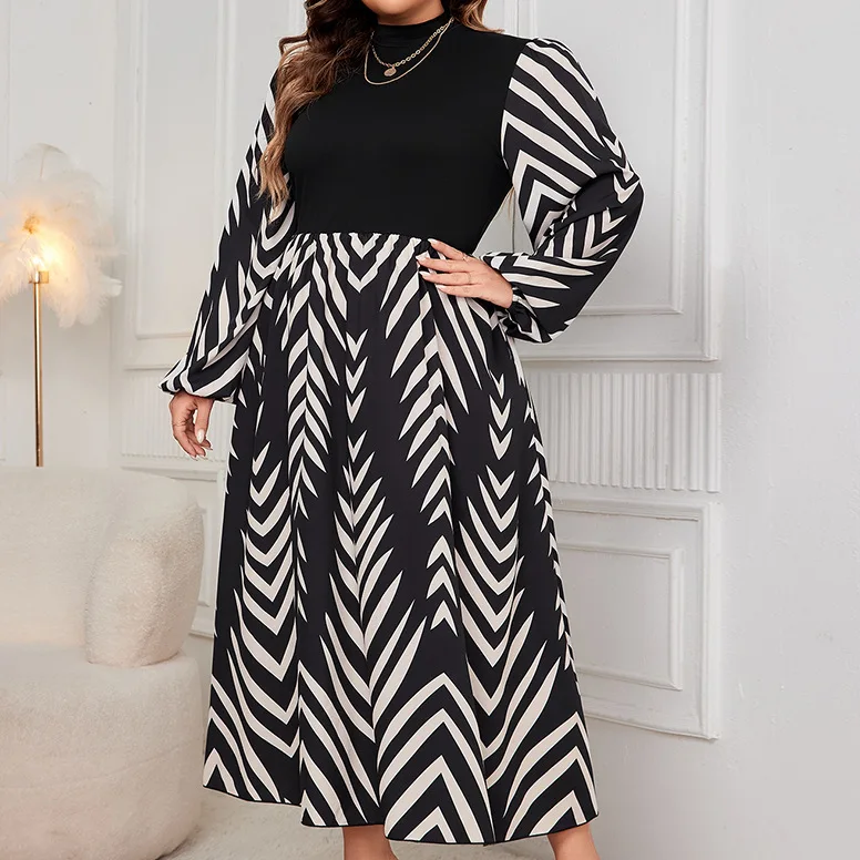 Plus Size Maxi Dresses Splicing Long Sleeved Dress Autumn New Collection Slimming Elegant Bubble Sleeves High Waisted Long Skirt