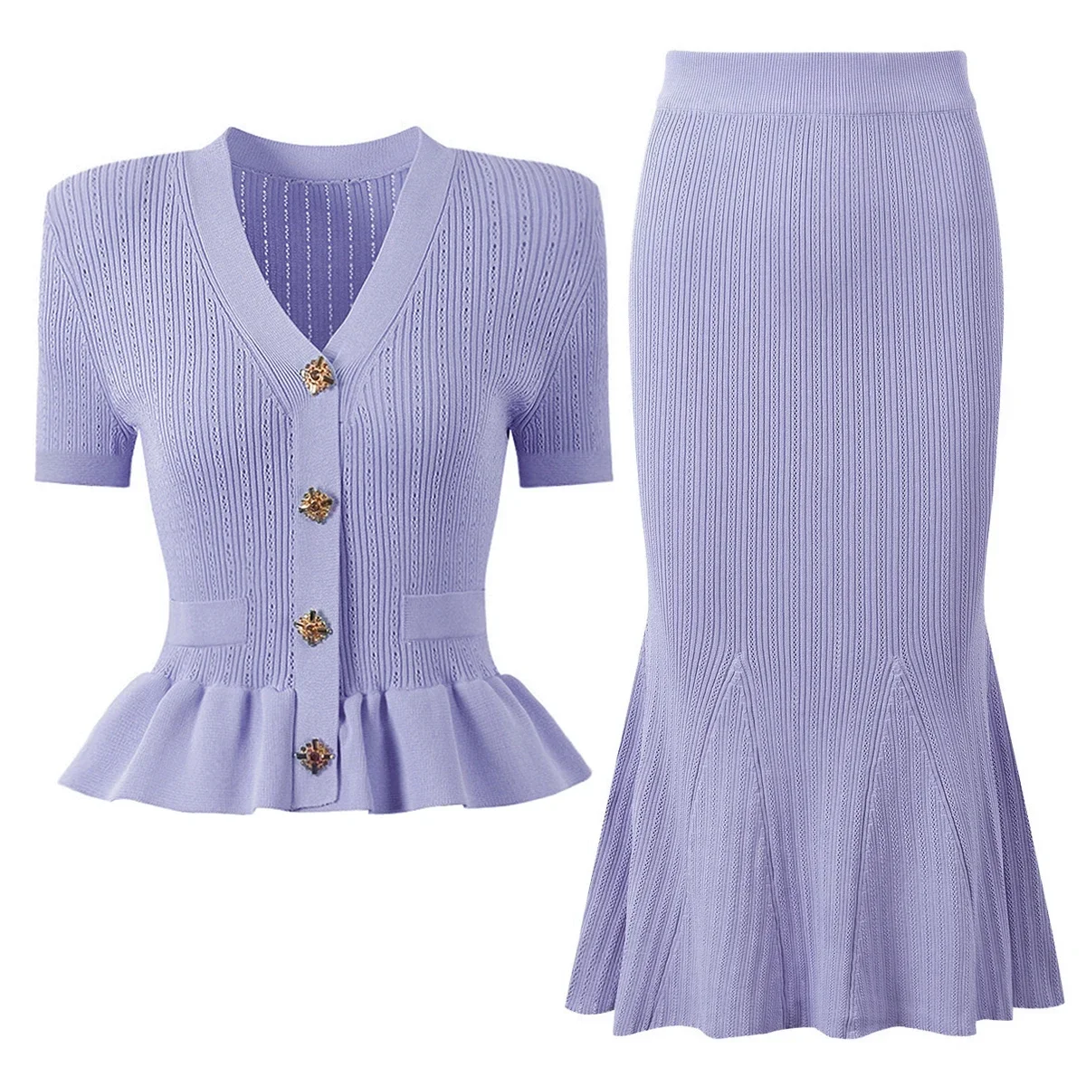 Versatile Short Sleeve Knitted Top Cardigan with Diamond Button Fishtail Slim Skirt Set Five Color