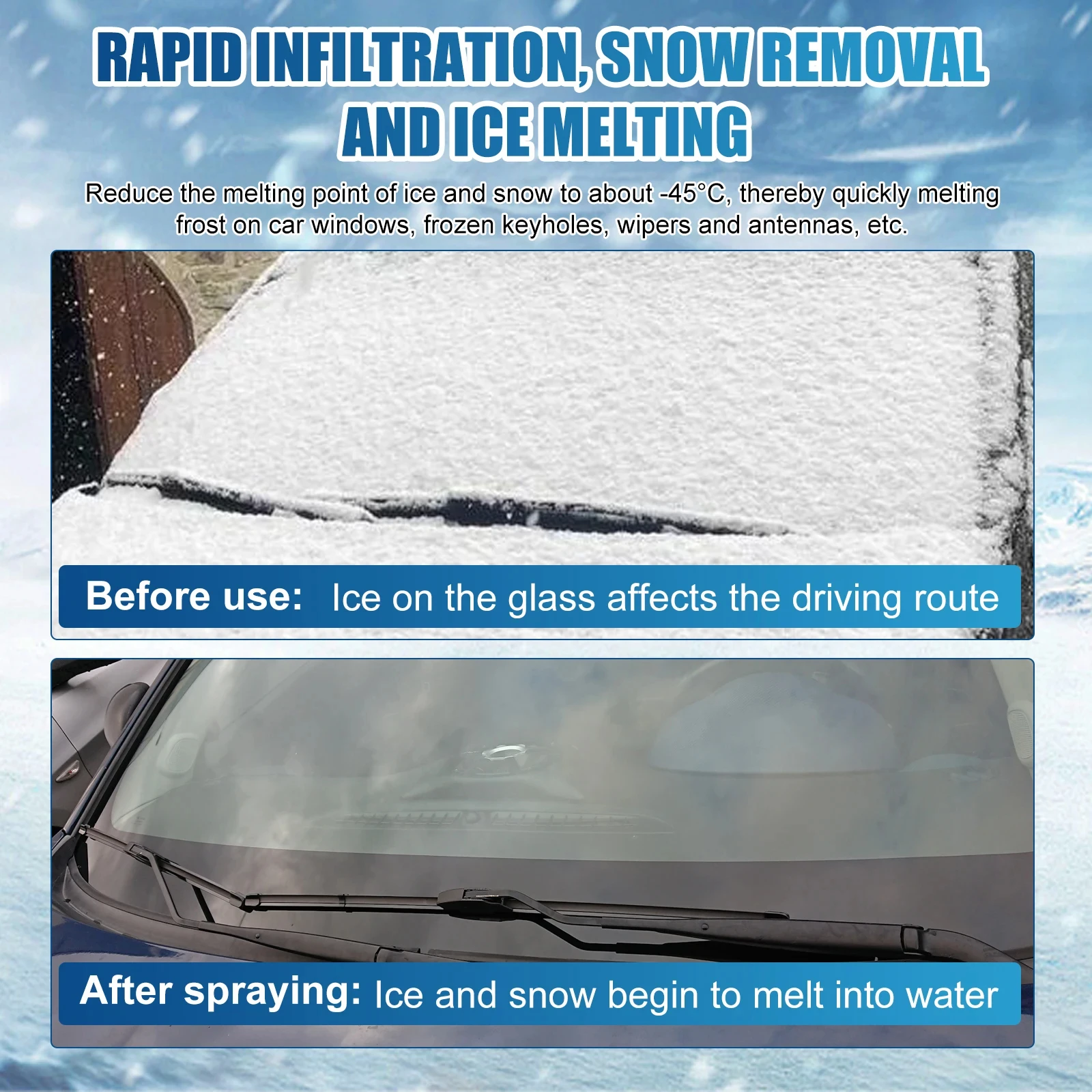 Windshield Defroster Spray Car Snow Melting De-Icing Spray for Car Glass Prevents Frost Ice in Winter Clear View Safe Driving