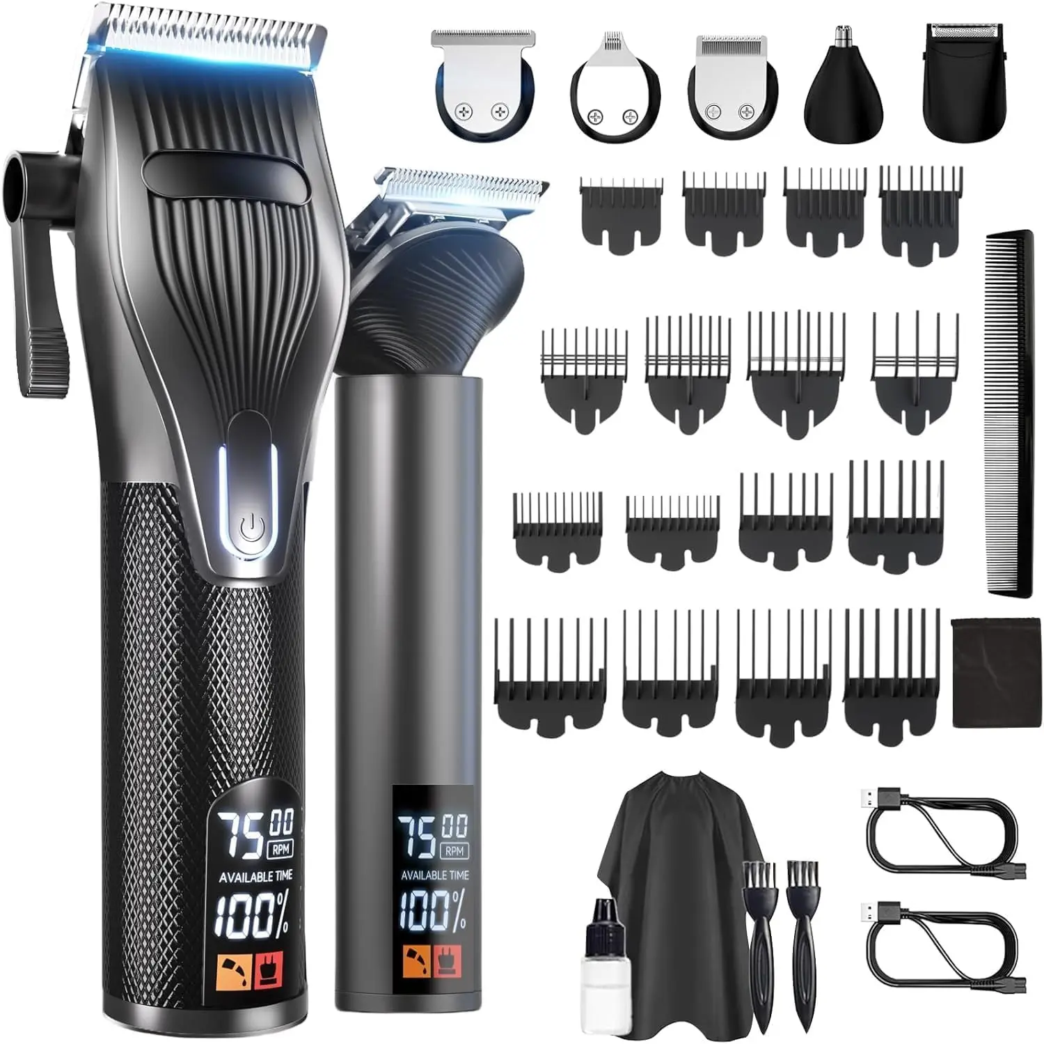 Men's Cordless Hair Clippers & Trimmers Set, Professional Electric Hair Cutting Grooming Shaver Kit with 7500RPM Powerful Motor, LCD Display, Multi-Function for Nose, Face, Body & Beard