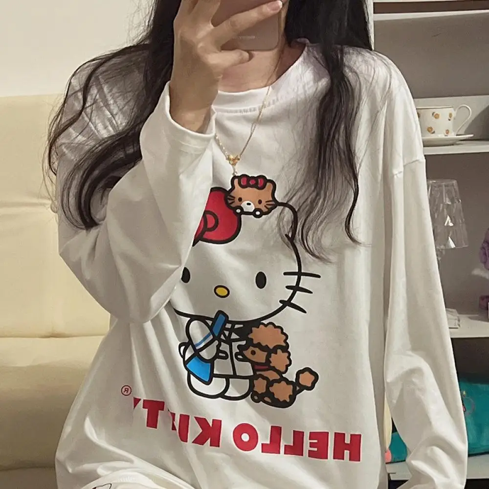 Kawaii Hello Kitty Girls Cotton Pajamas Suit Sanrios Cartoon Spring Casual Home Wear Anime Comfortable Long-Sleeved Nightclothes