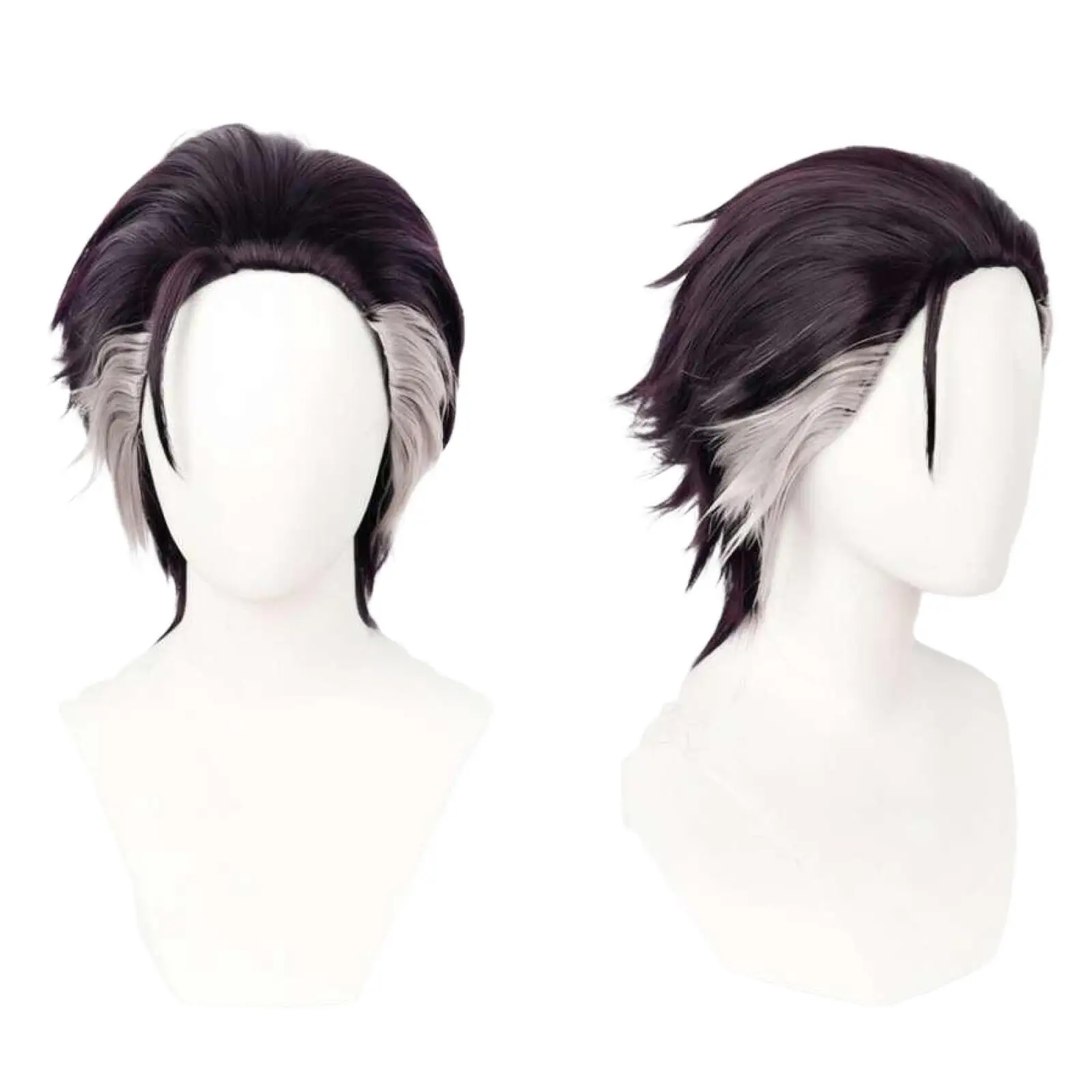 Peluca de Cosplay Zodyl Typhon para Hombre, Estilo Anime, Color Morado Oscuro y Plateado, Corta, con Estilo Despeinado hacia Atrás, Resistente al Calor, Cabello Sintético para Halloween