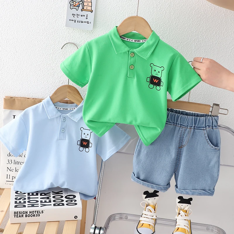 0-5 Year Old Baby Boy Summer Simple Clothes Set Children\'s Fashion Cartoon Robot Polo Shirt + Denim Shorts 2-Piece Suits