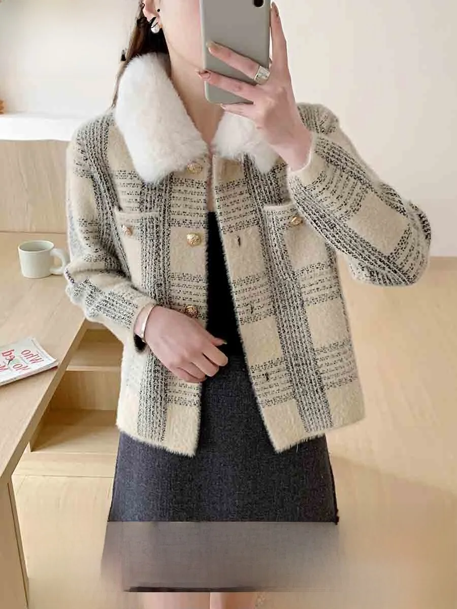 

Sli Plaid Fur Collar Thiened Knitted ort Outerwear Women's Autumn Winter Faion Small Size Top Women's Clothing