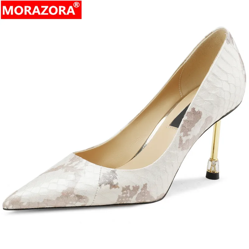 

MORAZORA 2024 New Slip On Snakeskin Shoes Woman Print Ladies Party Pumps Shallow Thin High Heels Single Shoes