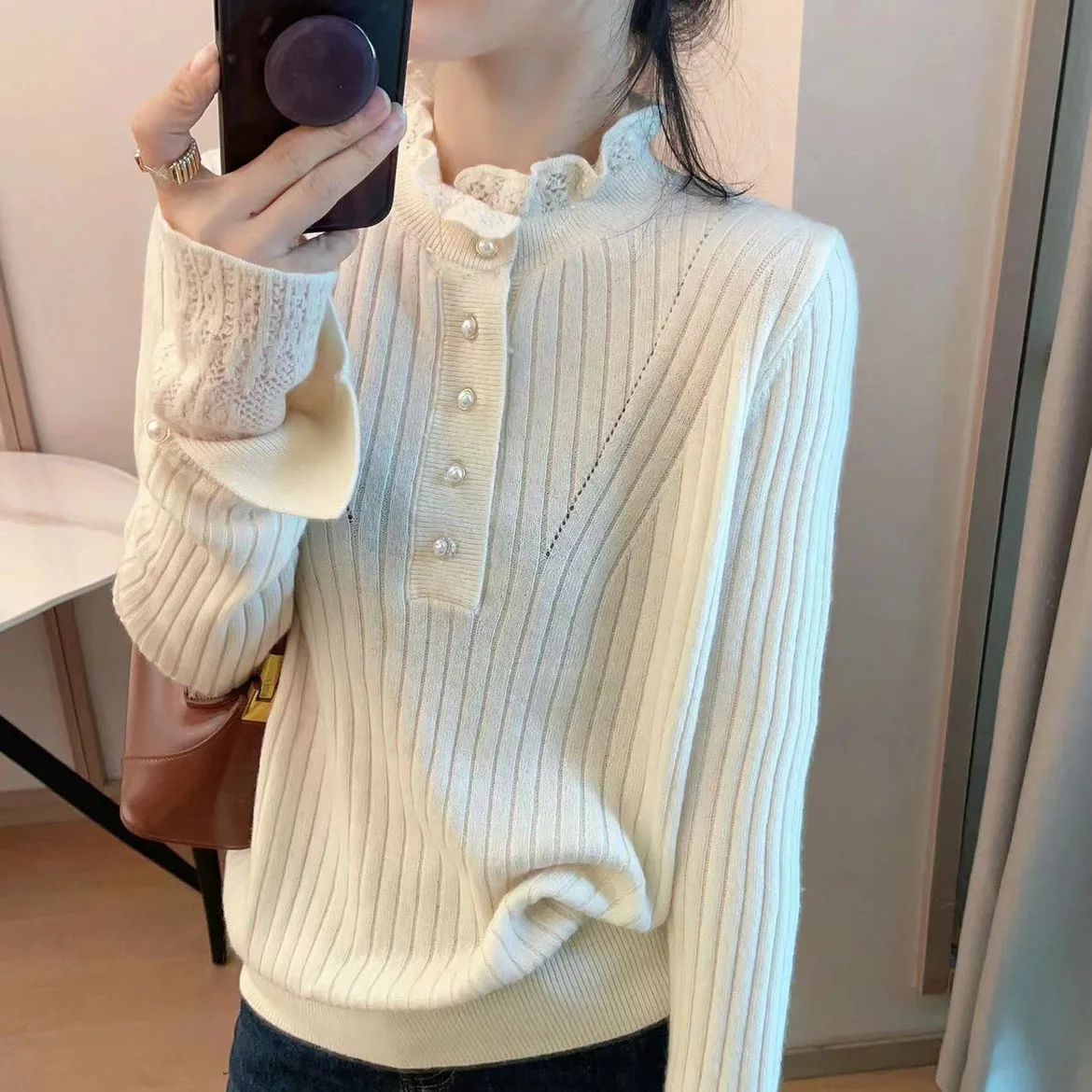 

Ele повседневный трикотаж большого размера Long Sve Camere, женский базовый слой с кружевной отделкой и воротником, осень-зима, роскошный, удобный