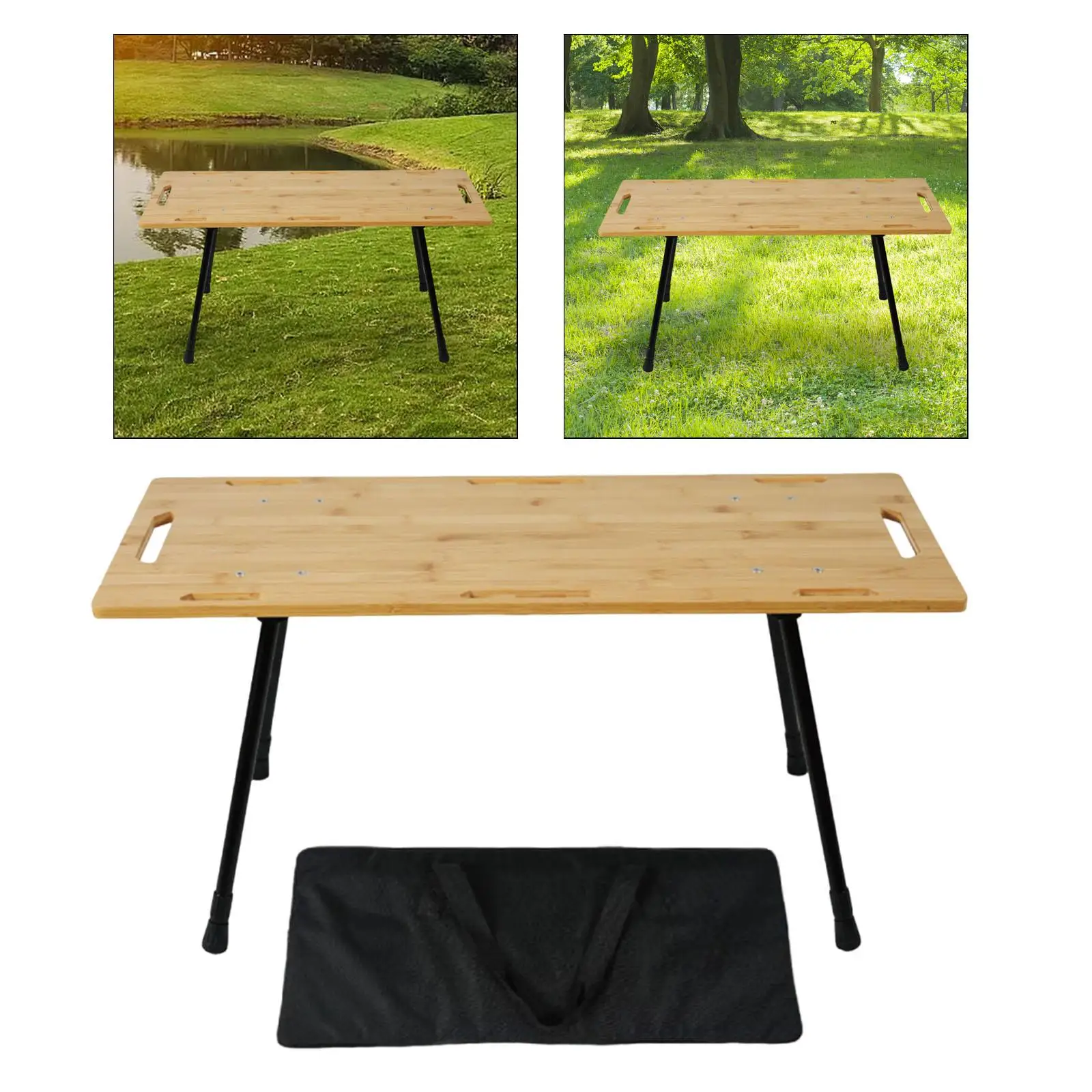 Folding Table Bamboo Board Tabletop Stable Adjustable Height Foldable Camping Table for Picnics Courtyard Barbecue Hiking Patio