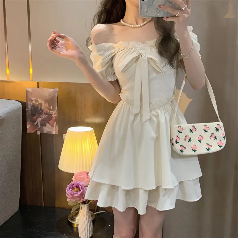 

French Auricularia Lace Bow Summer 202 Women's New Pullover Slash Neck Fashion Solid Color Bubble Sleeves Wrapped Waist Dress