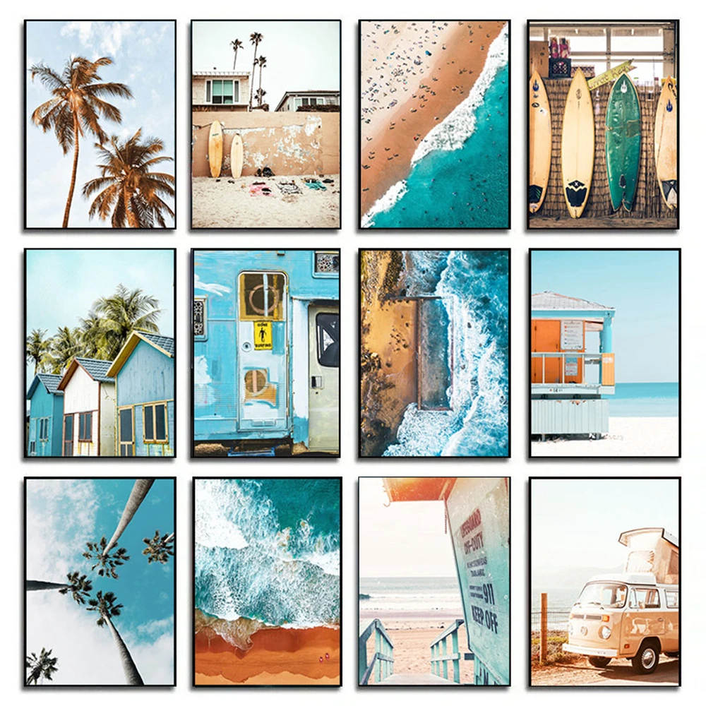 

Blue Ocean Waves Beach Bus Poster Painting Surfboard Canvas Picture Coconut Tree Wall Art Print Nordic Posters Living Room Decor