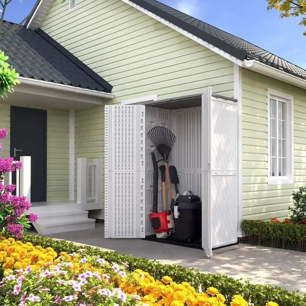 Weatherproof Outdoor Storage Cabinet with Floor, Double-Deck Shed for Patios and Large Tools (Ivory/52 Cubic Feet)
