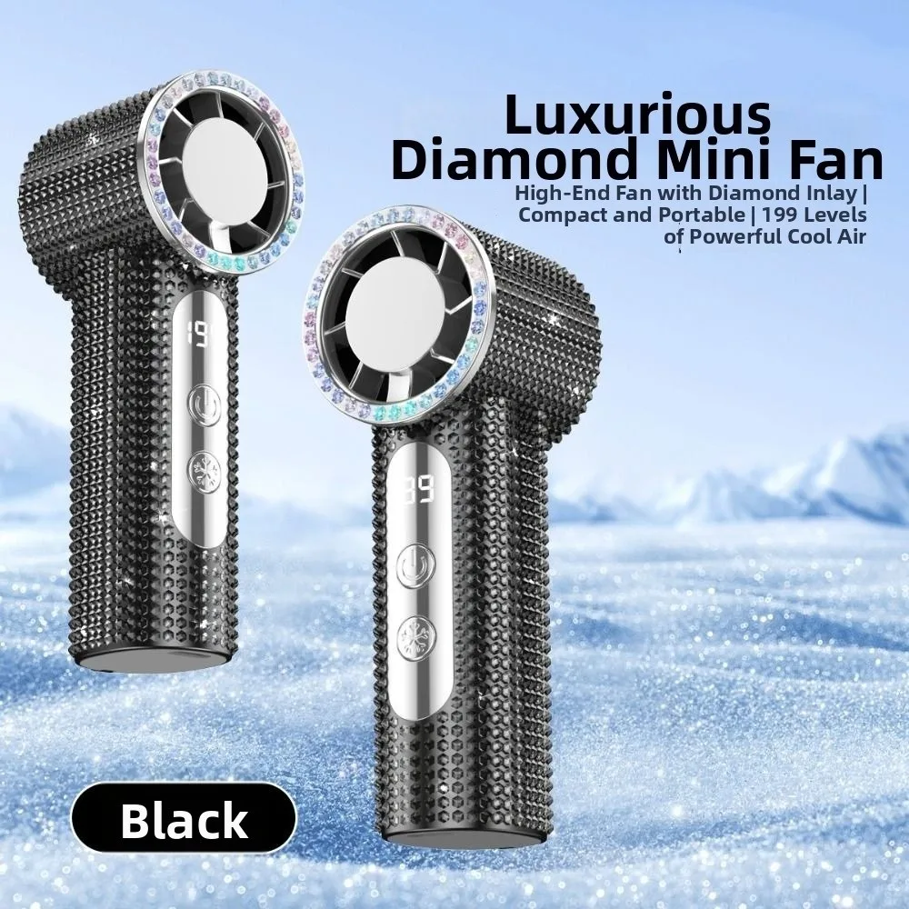 Digital Display Rhinestone Handheld Fan Sparkling 199 Gears Mini Cooling Fan Long-Lasting Quiet Operation Personal Electric Fan