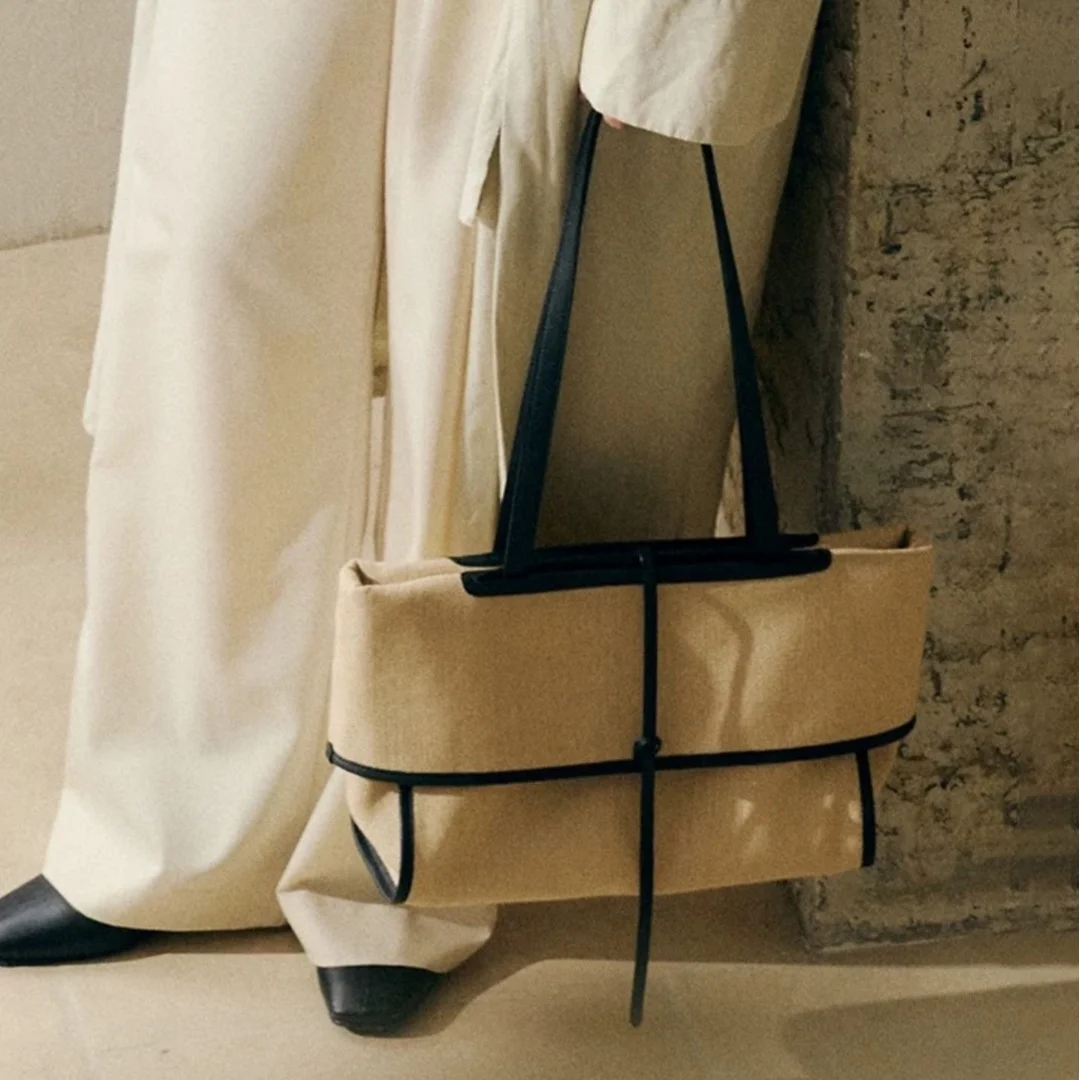 Vintage European Style Linen Canvas Shoulder Tote Bag Contrast Leather Strap Large Capacity Daily Travel Office Handbag