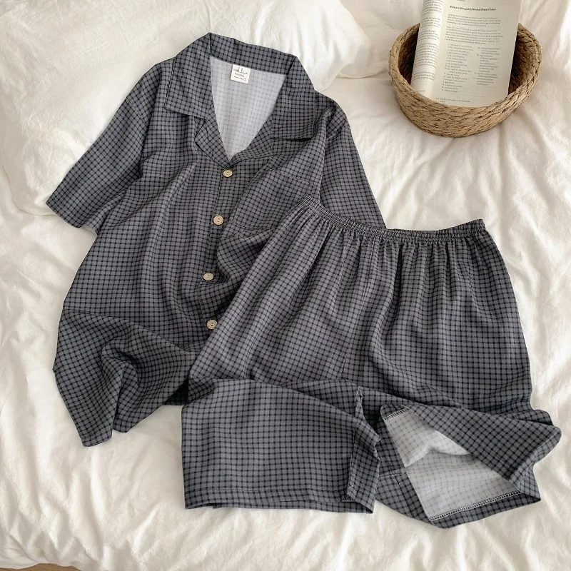 High Quality Casual Korean Fashion Plaid Pattern Men Summer Pajama Set Turn Down Collar Short Sleeved 2 Piece Men's Cold Pajamas