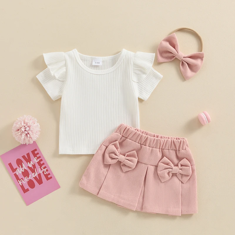 Baby Girl Spring Summer Outfit Short Sleeve Shirt Ribbed Knitted Pullover Top Skirt Set 3pcs Clothes