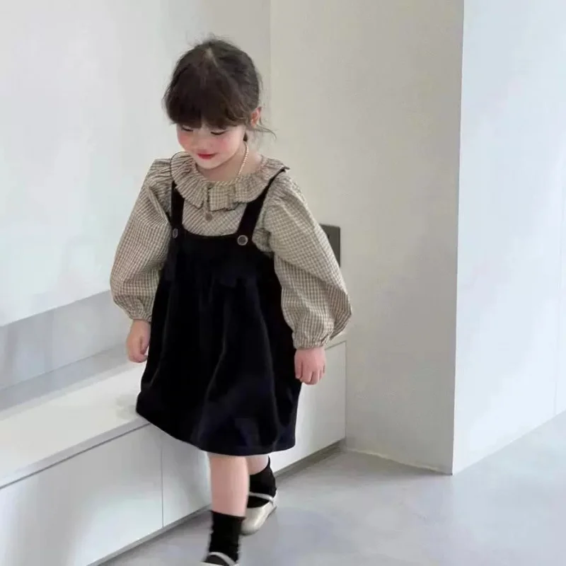 Girls' Suit round Neck Plaid Top and Corduroy Vest Skirt Two-Piece Set2025Autumn New Fashion Foreign Trade Children's Clothing