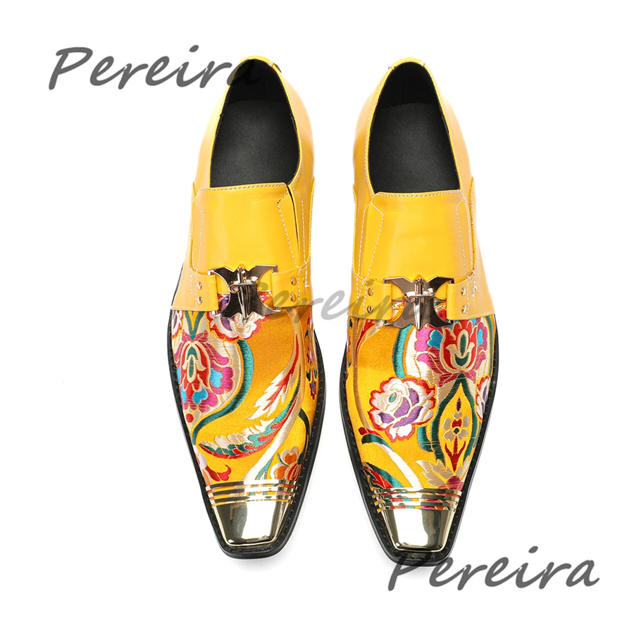 Yellow Genuine Leather Men's Shoes Flower Embroidery Metal Buckle Business Dress Shoes Fashion Handmade Party Banquet Shoes