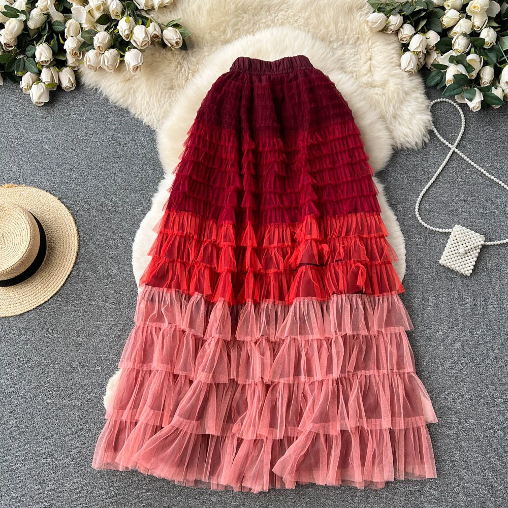 Gradient Colorful Rainbow Stripe Mesh Tulle Skirts Women 2023 Summer Autumn Long Maxi Skirt Fashion Elegant Elastic Waist