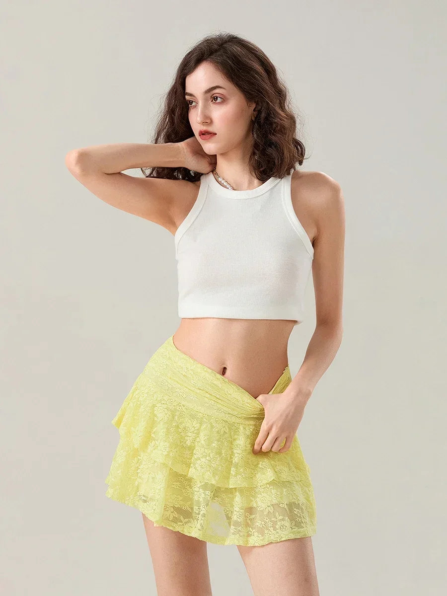 Fashion Sweet Lace Flower Layered Ruffled Skirt Womens Fashion High Waist A-Line Mini Skirt for Daily Party Club Streetwear 2024