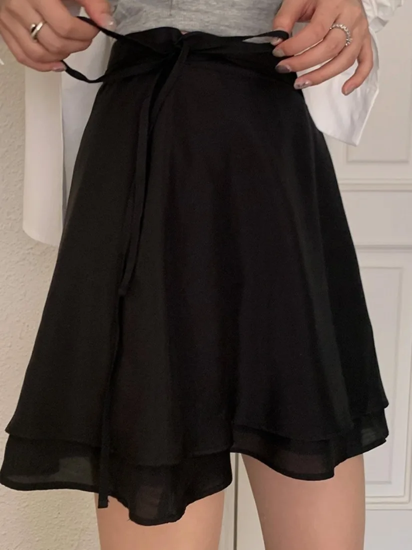 

Sweet Chic High Waist Skirt with Bow Tie Pure Color Summer New Arrival Versatile Youthful ort Skirt for Women