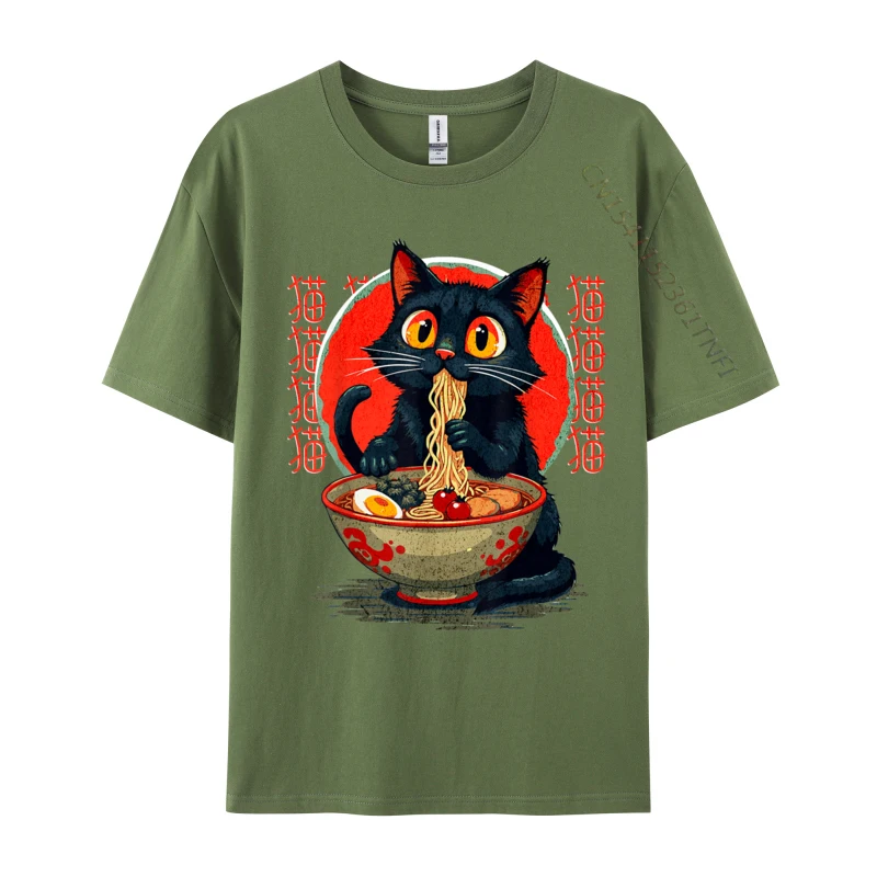 Funny Cute Cat Eating Ramen Japanese Noodles Vintage Printed Top T-shirts Fall Tees 2024 New Fashion Combed Cotton