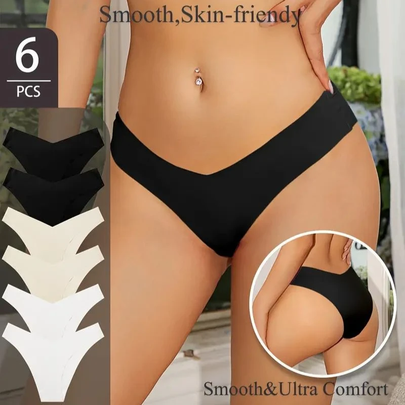 

6 Pcs/Set Women's V-Waist Low-Rise Cotton Bikini Briefs - Seamless, Skin-Friendly, 100% Cotton Crotch, 8 Solid Colors, S-XL