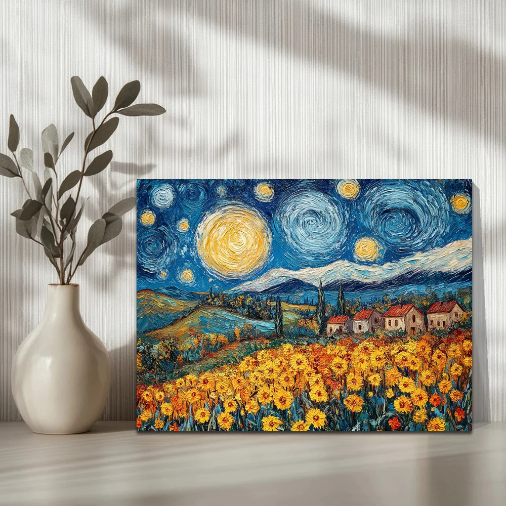 1pc,Under The Spinning Starry Sky Of Van Gogh, A Vibrant Flower Field C, Modern Canvas Wall Art,  Framed, 16x12inch