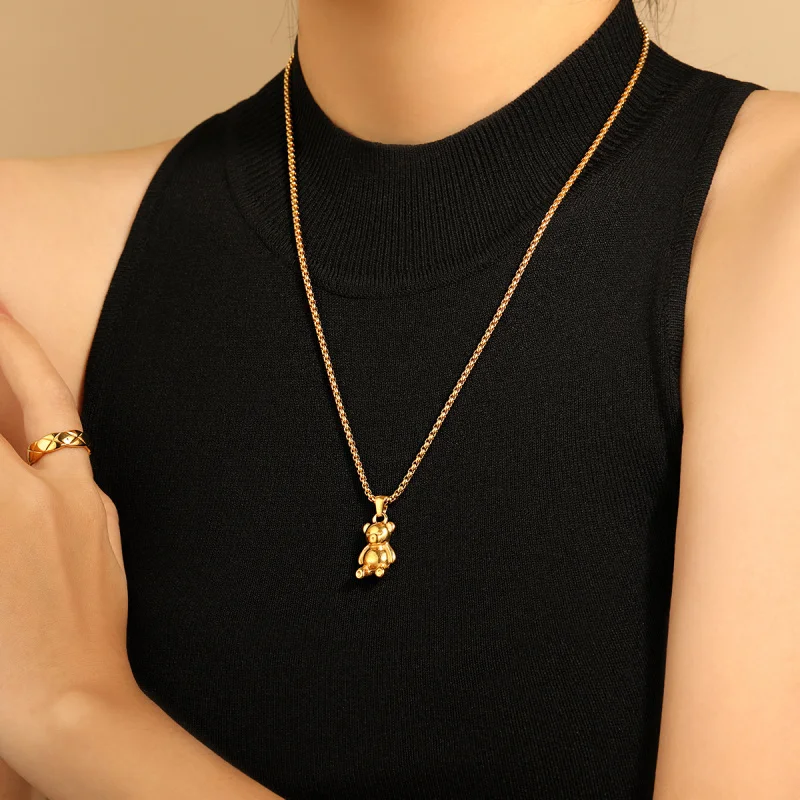 18K Gold Plated Titanium Steel Cartoon Bear Pendant Necklace Waterproof Non-Allergenic Jewelry for Women Girls Daughters Girls
