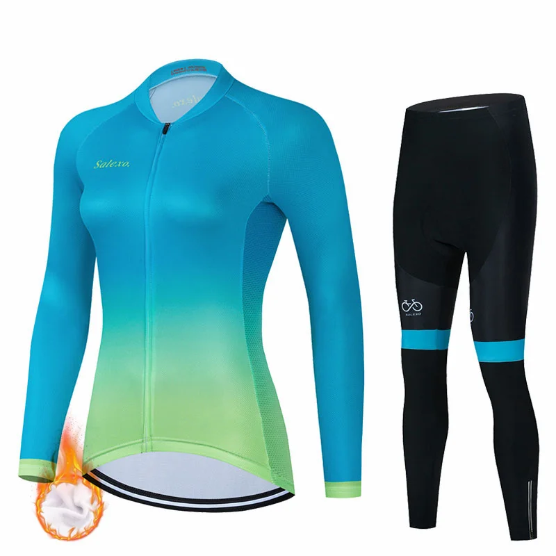 2023 Women Fashion Winter Fleece Cycling Jersey Set Bib Gel Pants Suit Ropa Ciclismo Bicycle Wear MTB Bike Jersey Bicicleta Kit